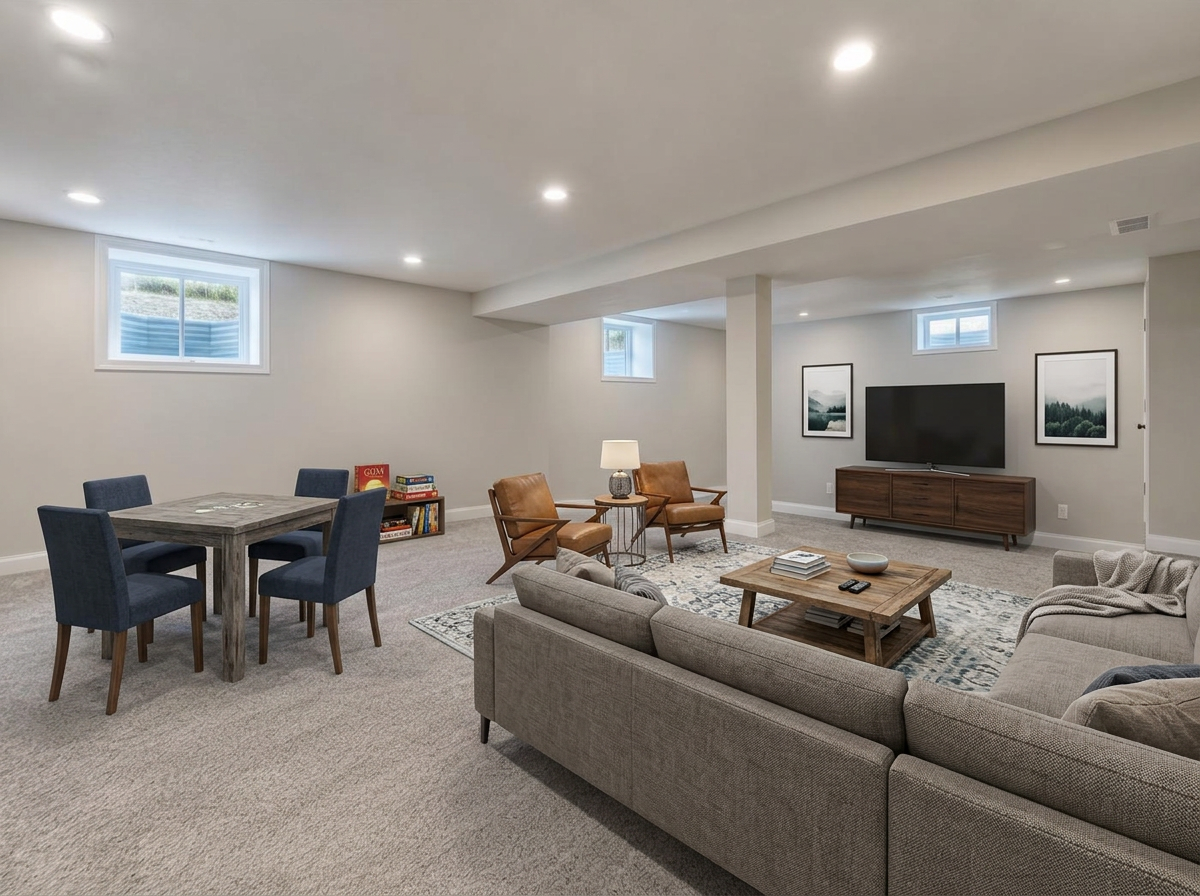 Virtually staged Basement Den